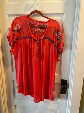 Johnny Was Bright Coral Embroidered Tunic